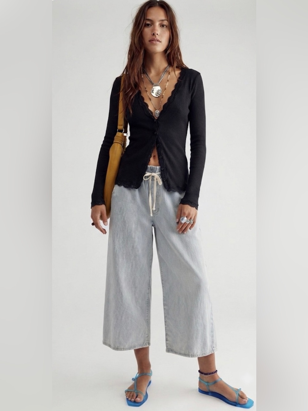 Kensie Light Wash Denim-Look Pull-On Wide Leg Pants